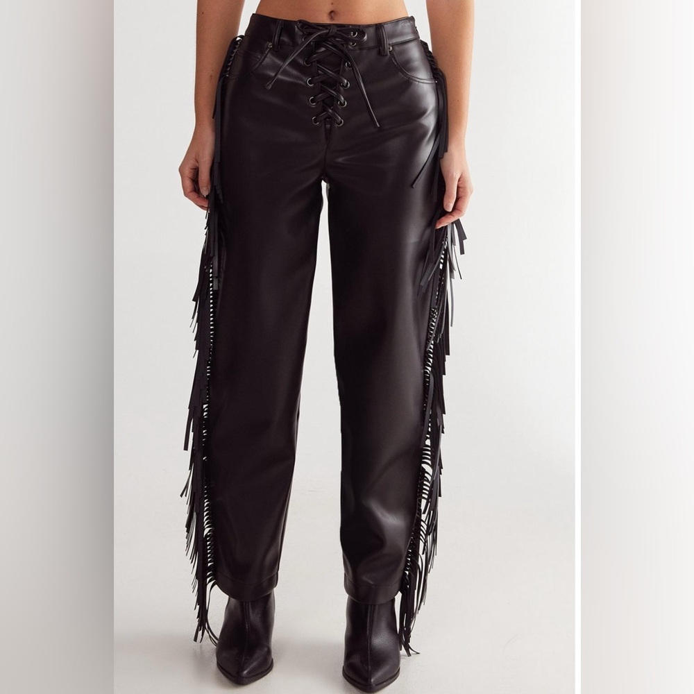Nasty Gal Faux Leather Black Fringe Trousers
